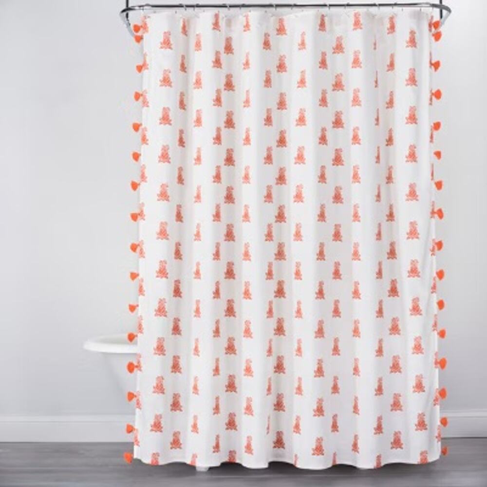 Opal House 70" x 70" White Orange Pineapple Cotton Shower Curtain with Pom Poms